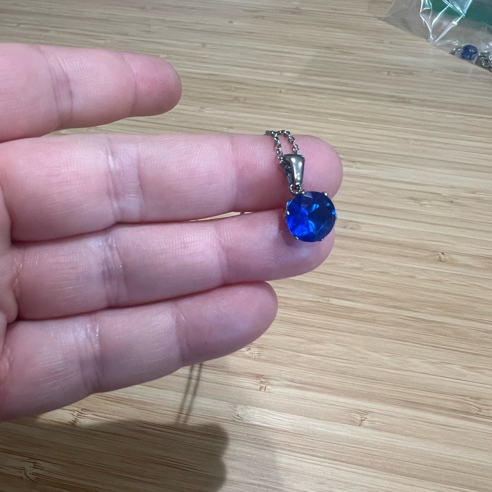 Blue Gemstone Pendant Necklace – Silver Tone Chain